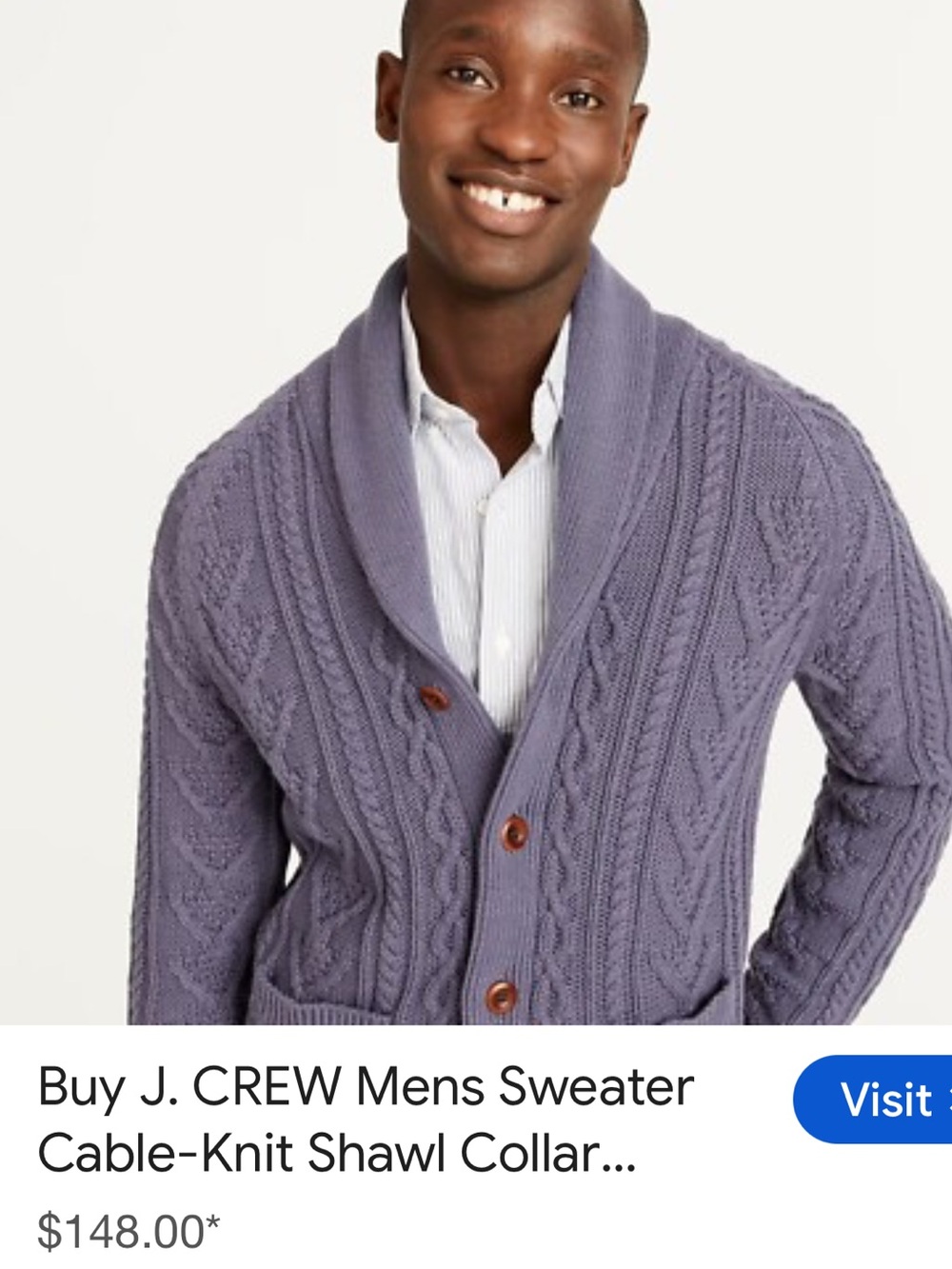 J. Crew Men's Shawl Collar Cable Cardigan in Slate Blue